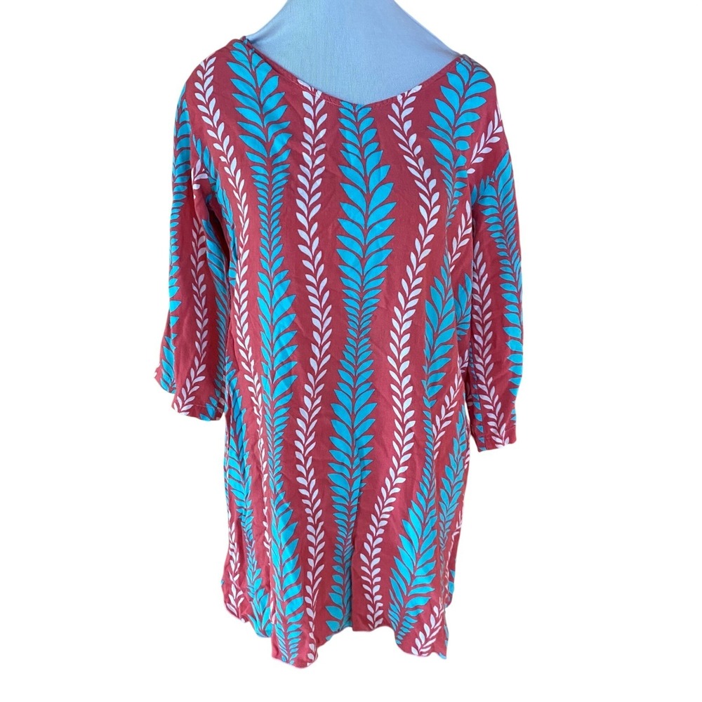 Escapada Coral Turquoise Leaf Print V-Neck 3/4 Sleeve Tunic Top Size Medium - Picture 3 of 6